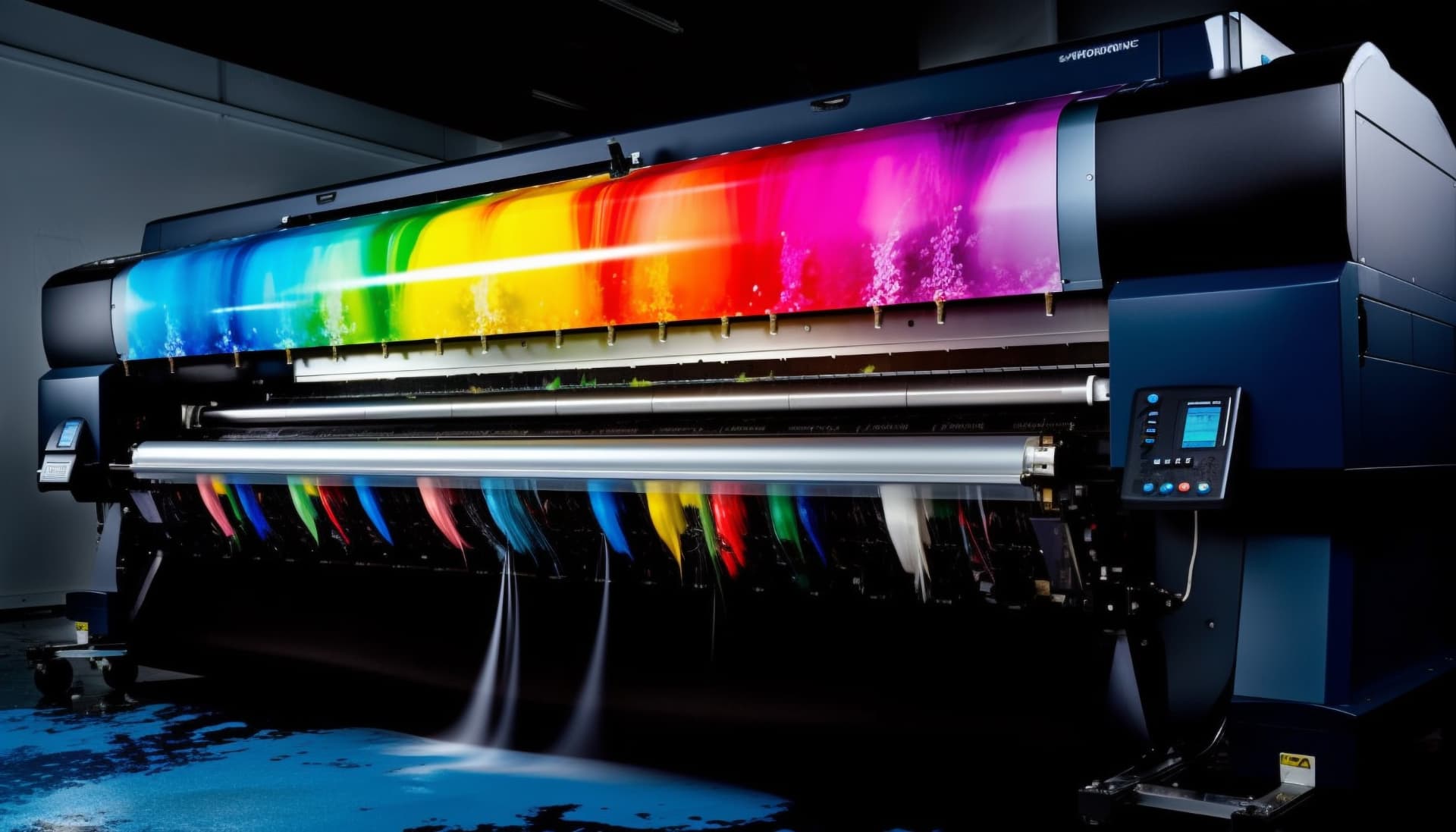 Plotter de grande formato imprimindo material colorido